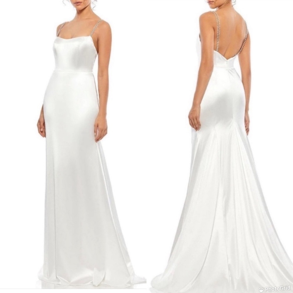 Mac Duggal Ieena Crystal-Strap Satin Gown
